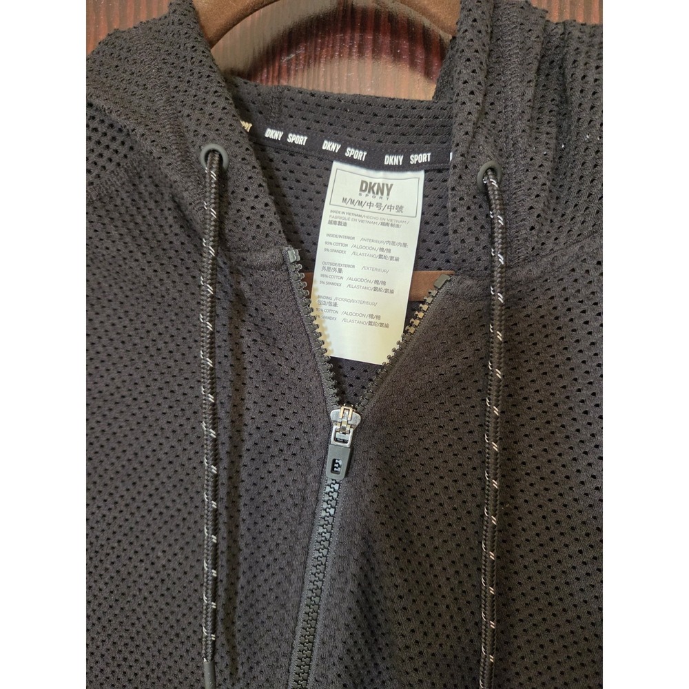 DKNY Full Zip Hoodie Active Mesh‎ Womens Medium Black Stretch Drawstring NWT - Picture 2 of 12